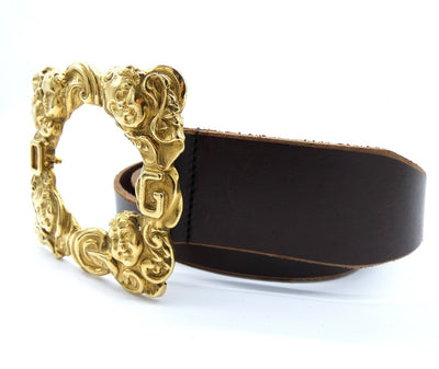 Dolce & Gabbana Brown Leather Gold Cherub Buckle Belt Belt Dolce & Gabbana