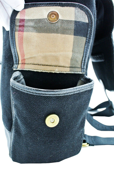 Burberry Vintage Black Leather and Wool Backpack Bag, Backpack Burberry