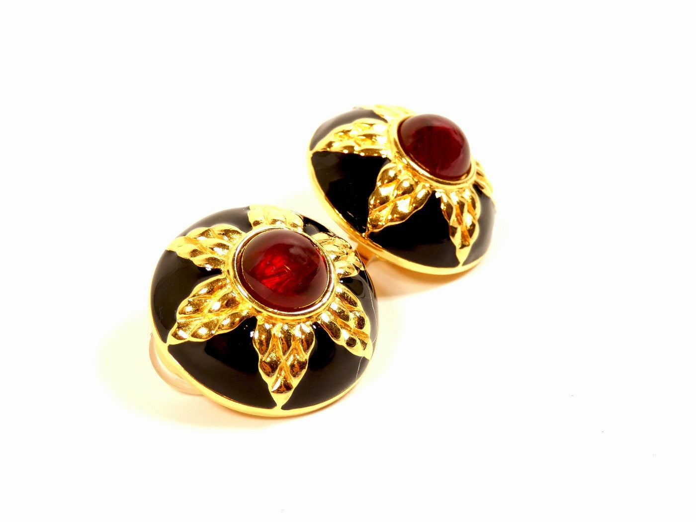 Fendi Vintage Red Stone and Black Enamel Clip Earrings Earrings Fendi