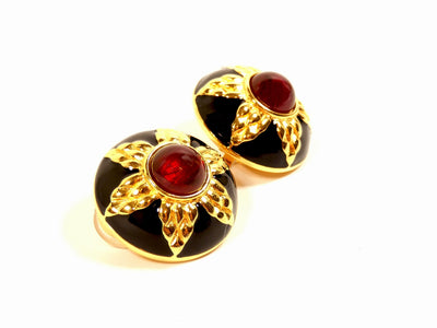 Fendi Vintage Red Stone and Black Enamel Clip Earrings Earrings Fendi